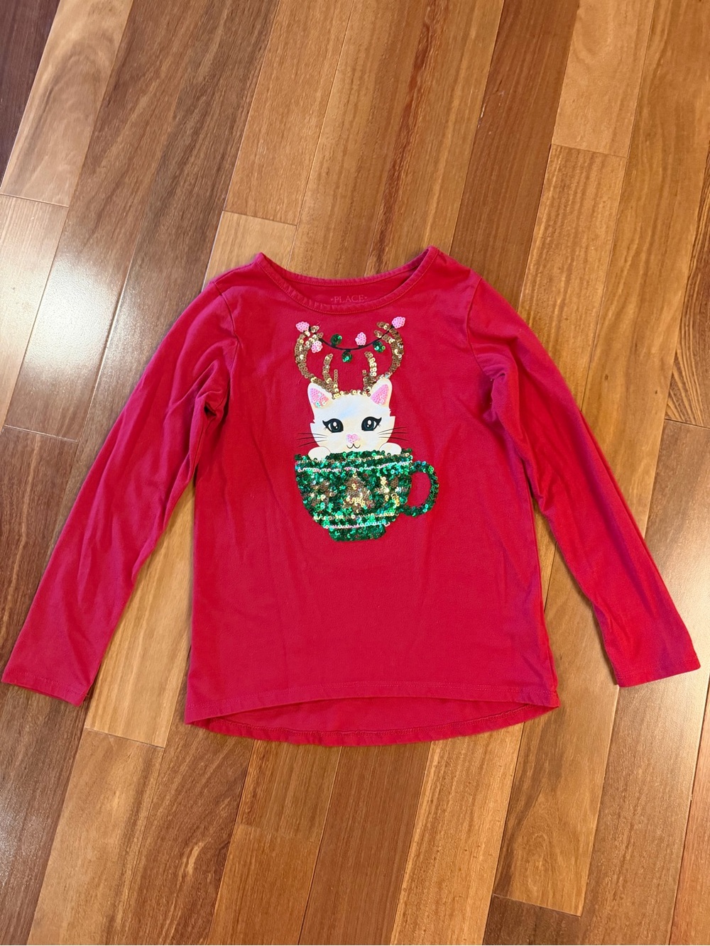 Children's Place Red Long-Sleeve Tee with Sequin Cat in Teacup Girls M 7/8 - GUC